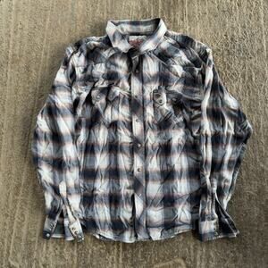 VINTAGE 80S WRANGLER PEARL SNAP PLAID BUTTON UP FLANNEL SHIRT FITS MENS XXL